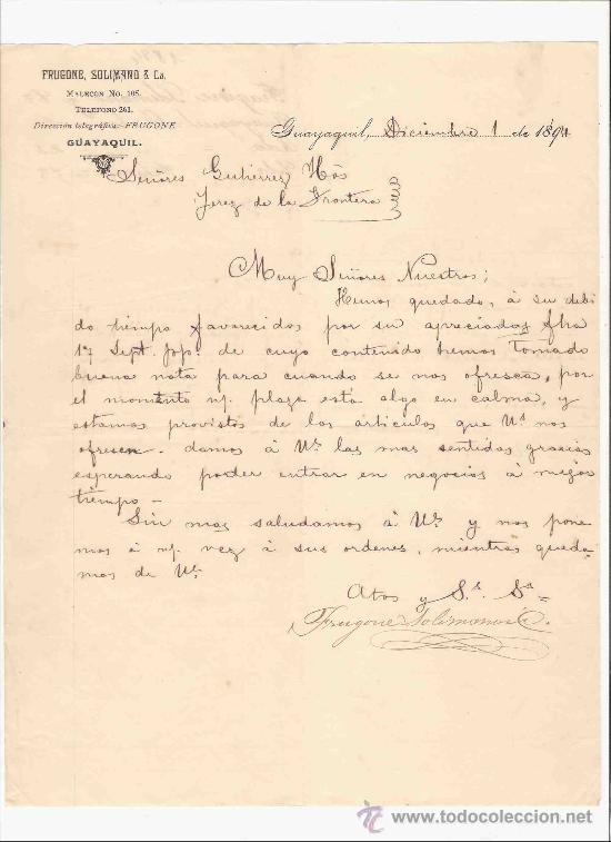 Cartas comerciales: ECUADOR. GUAYAQUIL. CARTA. FRUGONE, SOLIMANO & CA. 1894.