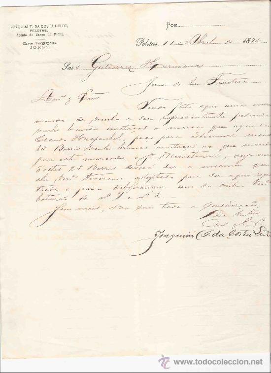 Cartas comerciales: BRASIL. PELOTAS. CARTA. JOAQUIM T. DA COSTA LEITE. AGENTE DO BANCO DO MINHO. 1895.