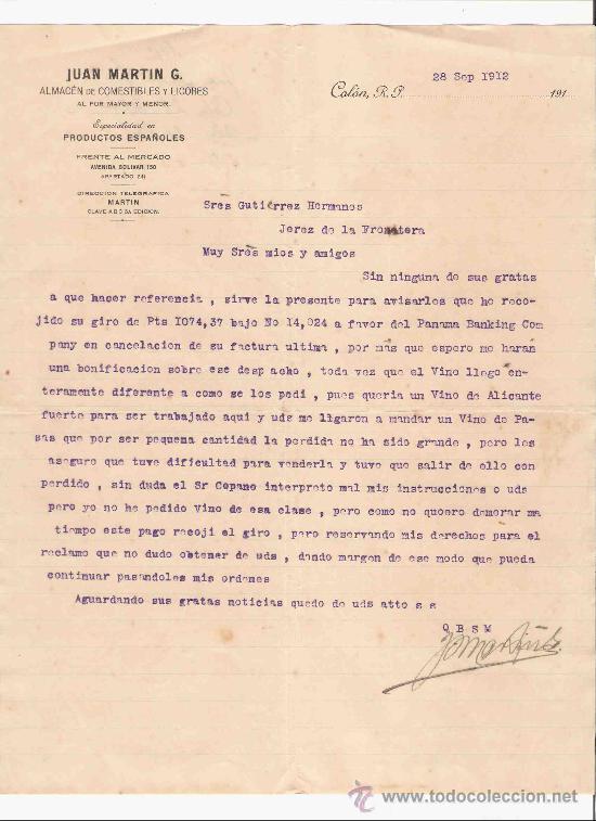 Cartas comerciais: PANAMA. COLON. CARTA. JUAN MARTIN G. ALMACEN COMESTIBLES Y LICORES. 1912.