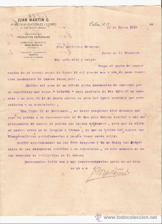 Cartas comerciales: PANAMA. COLON. CARTA. JUAN MARTIN G. ALMACEN COMESTIBLES Y LICORES. 1912.