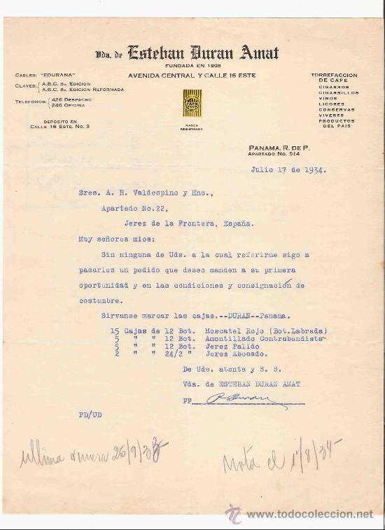 Cartas comerciales: PANAMA. COLON. CARTA. ESTEBAN DURAN AMAT. TORREFACCION DE CAFE. VINOS. LICORES. 1934.