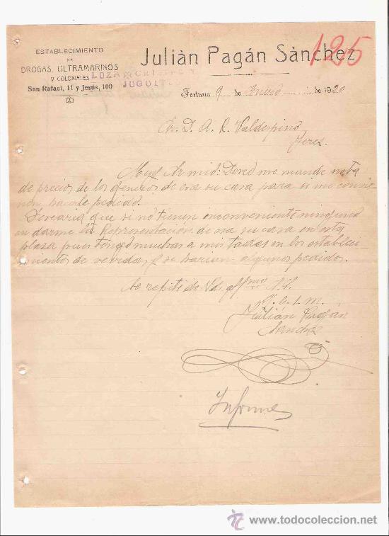 Cartas comerciales: ARGENTINA. FORTUNA. CARTA. JULIAN PAGAN SANCHEZ. ESTABLECIMIENTO DE DROGAS, ULTRAMARINOS. 1920.