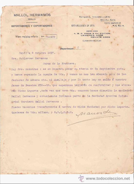 Cartas comerciales: ESPA&Ntilde;A. SEVILLA. CARTA. MALLOL HERMANOS. IMPORTADORES Y EXPORTADORES. 1927.