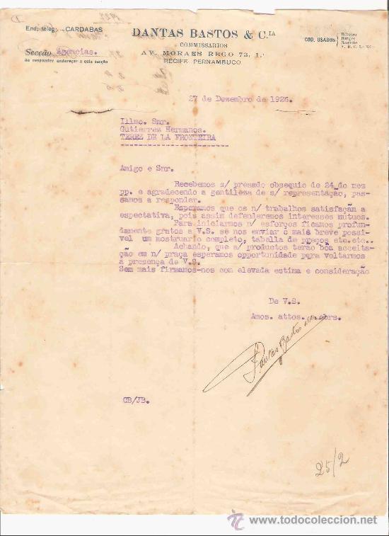 Cartas comerciales: BRASIL. RECIFE - PERNAMBUCO. CARTA. DANTAS BASTOS & CIA. COMMISARIOS. 1926.