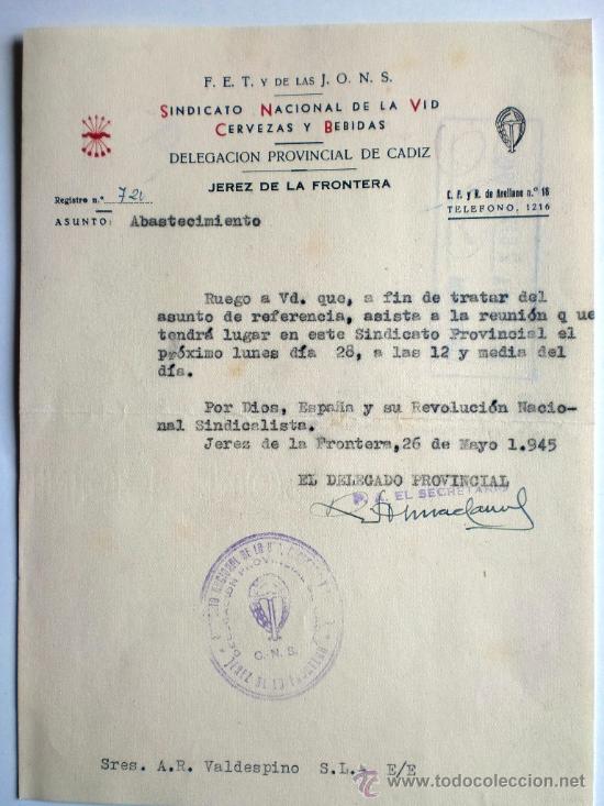 Gesch&auml;ftsbriefe: CARTA COMERCIAL. JEREZ DE LA FRONTERA. 26 MAYO 1945. SINDICATO NACIONAL DE LA VID CERVEZAS Y BEBIDAS