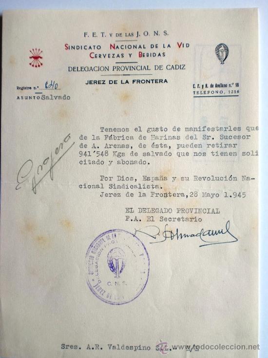 Gesch&auml;ftsbriefe: CARTA COMERCIAL. JEREZ DE LA FRONTERA. 28 MAYO 1945. SINDICATO NACIONAL DE LA VID CERVEZAS Y BEBIDAS