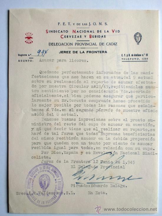 Gesch&auml;ftsbriefe: CARTA COMERCIAL. JEREZ DE LA FRONTERA. 12 JUN. 1945. SINDICATO NACIONAL DE LA VID CERVEZAS Y BEBIDAS