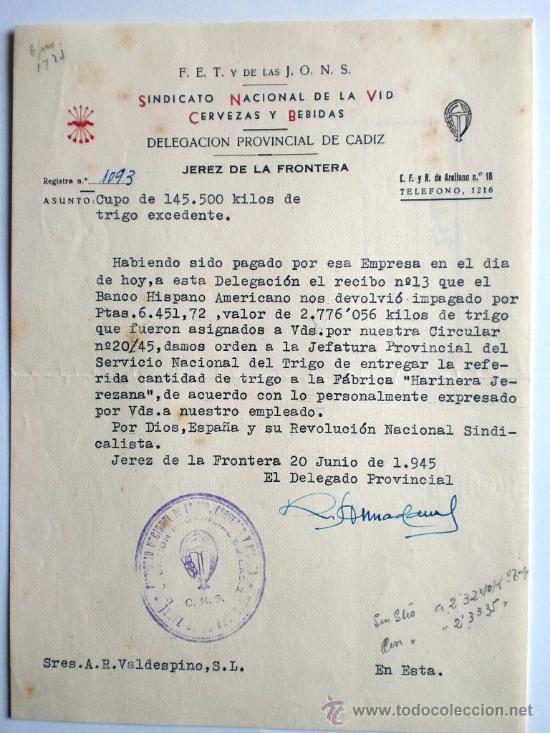 Gesch&auml;ftsbriefe: CARTA COMERCIAL. JEREZ DE LA FRONTERA. 20 JUN. 1945. SINDICATO NACIONAL DE LA VID CERVEZAS Y BEBIDAS