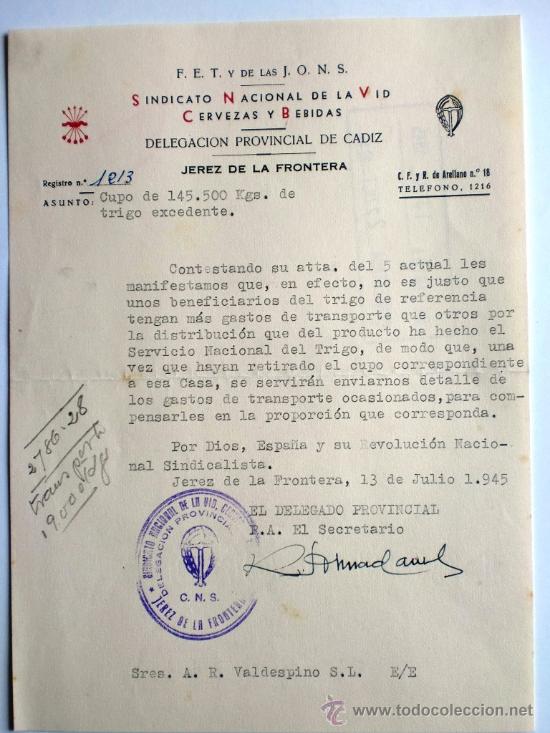 Gesch&auml;ftsbriefe: CARTA COMERCIAL. JEREZ DE LA FRONTERA. 13 JUL. 1945. SINDICATO NACIONAL DE LA VID CERVEZAS Y BEBIDAS