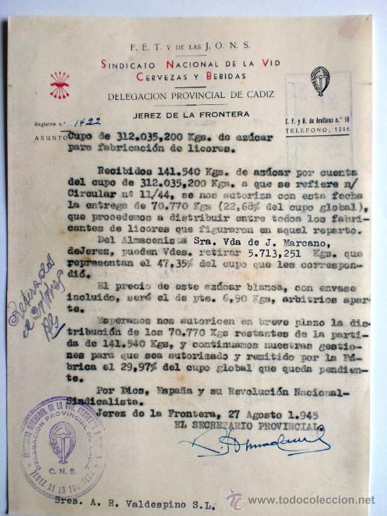 Gesch&auml;ftsbriefe: CARTA COMERCIAL. JEREZ DE LA FRONTERA. 27 AGO. 1945. SINDICATO NACIONAL DE LA VID CERVEZAS Y BEBIDAS