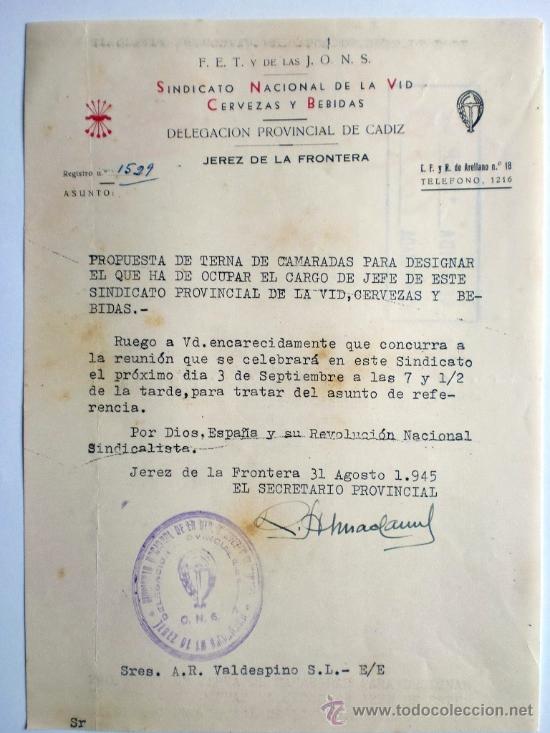 Gesch&auml;ftsbriefe: CARTA COMERCIAL. JEREZ DE LA FRONTERA. 31 AGO. 1945. SINDICATO NACIONAL DE LA VID CERVEZAS Y BEBIDAS