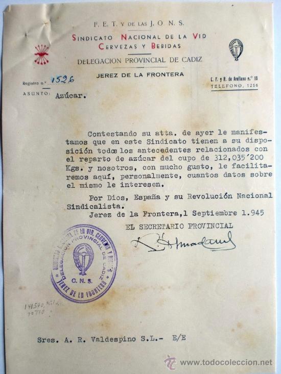 Gesch&auml;ftsbriefe: CARTA COMERCIAL. JEREZ DE LA FRONTERA. 1 SEPT. 1945. SINDICATO NACIONAL DE LA VID CERVEZAS Y BEBIDAS