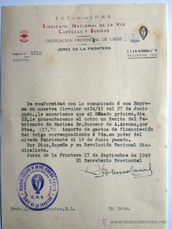 Gesch&auml;ftsbriefe: CARTA COMERCIAL. JEREZ DE LA FRONTERA. 17 SEPT.1945. SINDICATO NACIONAL DE LA VID CERVEZAS Y BEBIDAS