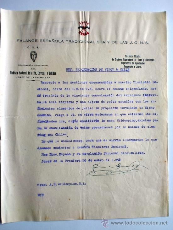 Gesch&auml;ftsbriefe: CARTA COMERCIAL. JEREZ. 20 ENERO 1945. FALANGE ESPA&Ntilde;OLA TRADICIONALISTA Y DE LAS J.O.N.S.