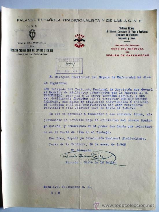 Gesch&auml;ftsbriefe: CARTA COMERCIAL. JEREZ. 28 ENERO 1945. FALANGE ESPA&Ntilde;OLA TRADICIONALISTA Y DE LAS J.O.N.S.