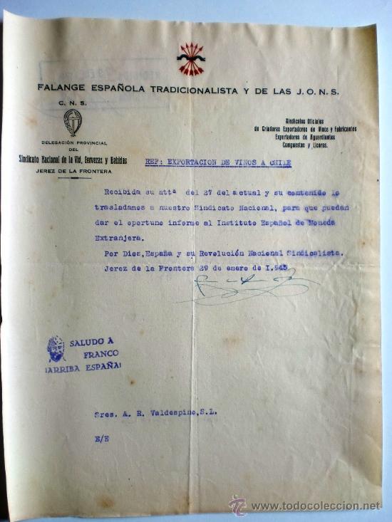 Gesch&auml;ftsbriefe: CARTA COMERCIAL. JEREZ. 29 ENERO 1945. FALANGE ESPA&Ntilde;OLA TRADICIONALISTA Y DE LAS J.O.N.S.