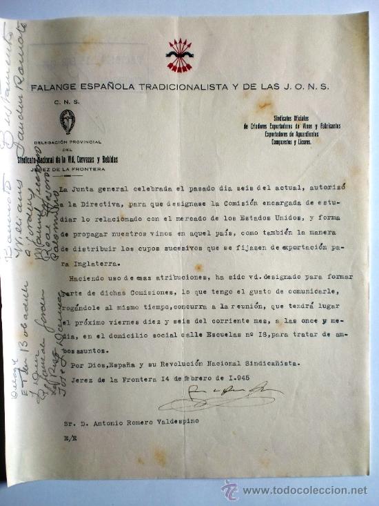 Gesch&auml;ftsbriefe: CARTA COMERCIAL. JEREZ. 14 FEBRERO 1945. FALANGE ESPA&Ntilde;OLA TRADICIONALISTA Y DE LAS J.O.N.S.