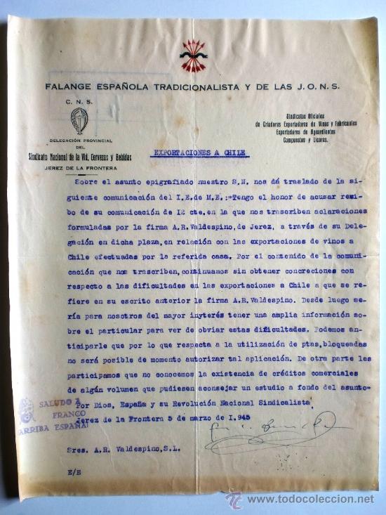 Gesch&auml;ftsbriefe: CARTA COMERCIAL. JEREZ. 5 MARZO 1945. FALANGE ESPA&Ntilde;OLA TRADICIONALISTA Y DE LAS J.O.N.S.
