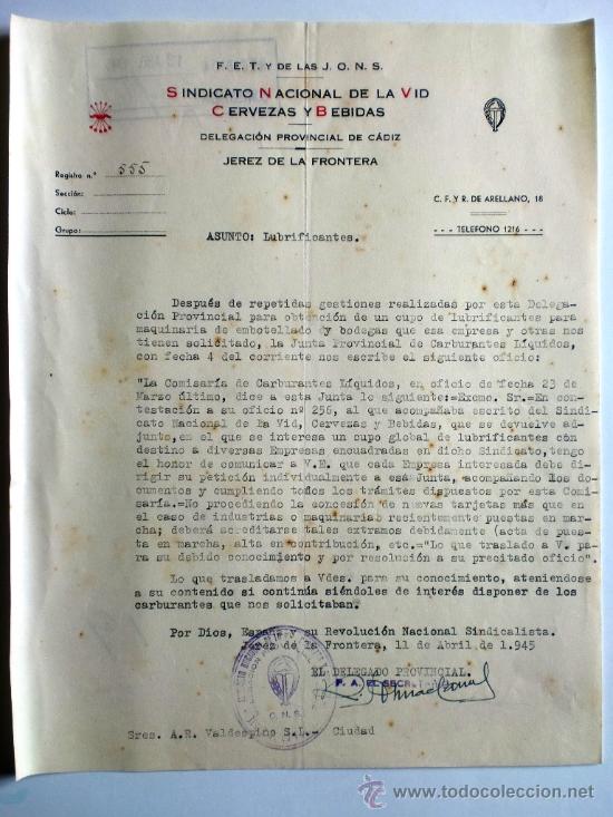 Gesch&auml;ftsbriefe: CARTA COMERCIAL. JEREZ. 11 ABRIL 1945. FALANGE ESPA&Ntilde;OLA TRADICIONALISTA Y DE LAS J.O.N.S.