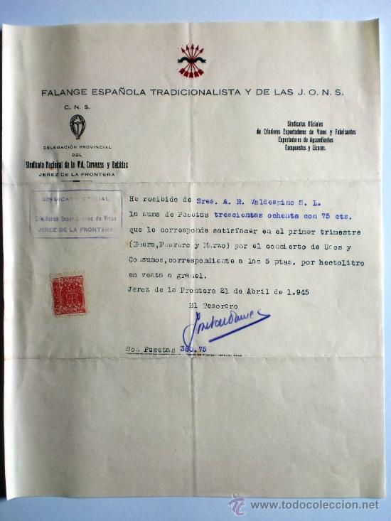 Gesch&auml;ftsbriefe: CARTA COMERCIAL. JEREZ. 21 ABRIL 1945. FALANGE ESPA&Ntilde;OLA TRADICIONALISTA Y DE LAS J.O.N.S.