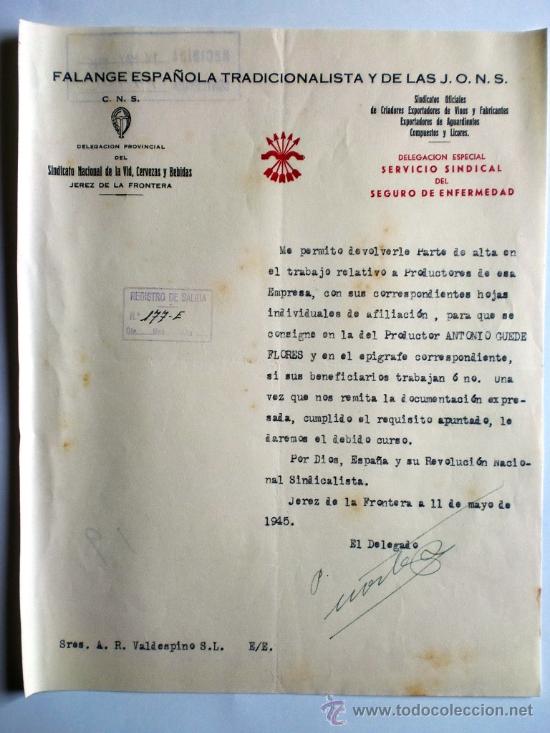 Gesch&auml;ftsbriefe: CARTA COMERCIAL. JEREZ. 11 MAYO 1945. FALANGE ESPA&Ntilde;OLA TRADICIONALISTA Y DE LAS J.O.N.S.
