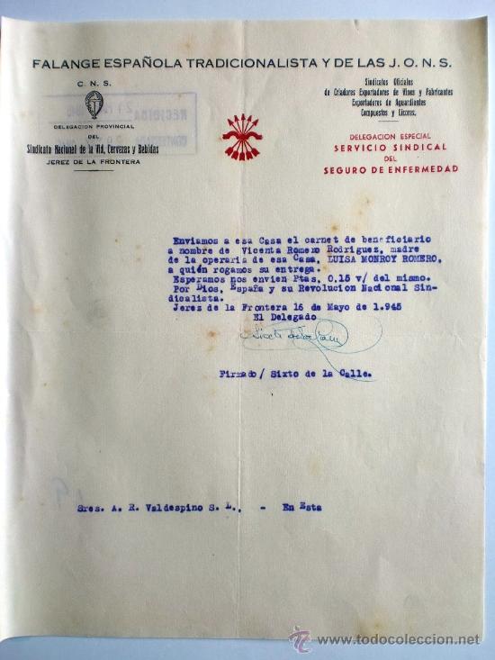 Gesch&auml;ftsbriefe: CARTA COMERCIAL. JEREZ. 16 MAYO 1945. FALANGE ESPA&Ntilde;OLA TRADICIONALISTA Y DE LAS J.O.N.S.
