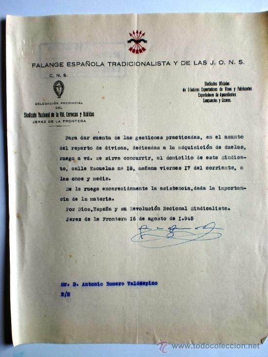Gesch&auml;ftsbriefe: CARTA COMERCIAL. JEREZ. 16 AGOSTO 1945. FALANGE ESPA&Ntilde;OLA TRADICIONALISTA Y DE LAS J.O.N.S.