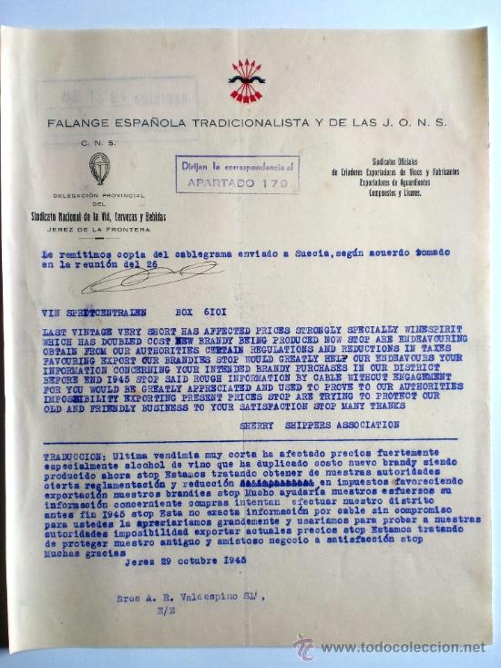 Gesch&auml;ftsbriefe: CARTA COMERCIAL. JEREZ. 29 OCTUBRE 1945. FALANGE ESPA&Ntilde;OLA TRADICIONALISTA Y DE LAS J.O.N.S.