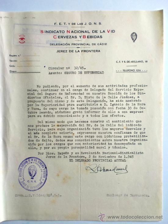 Gesch&auml;ftsbriefe: CARTA COMERCIAL. JEREZ. 2 NOVIEMBRE 1945. FALANGE ESPA&Ntilde;OLA TRADICIONALISTA Y DE LAS J.O.N.S.