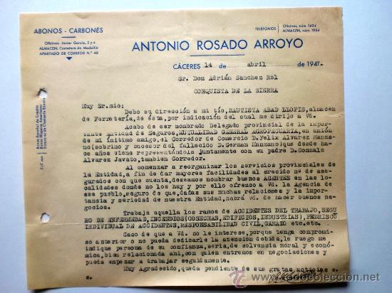 Lettres commerciales: CARTA COMERCIAL. CACERES. ABRIL 1947. ANTONIO ROSADO ARROYO. ABONOS-CARBONES.