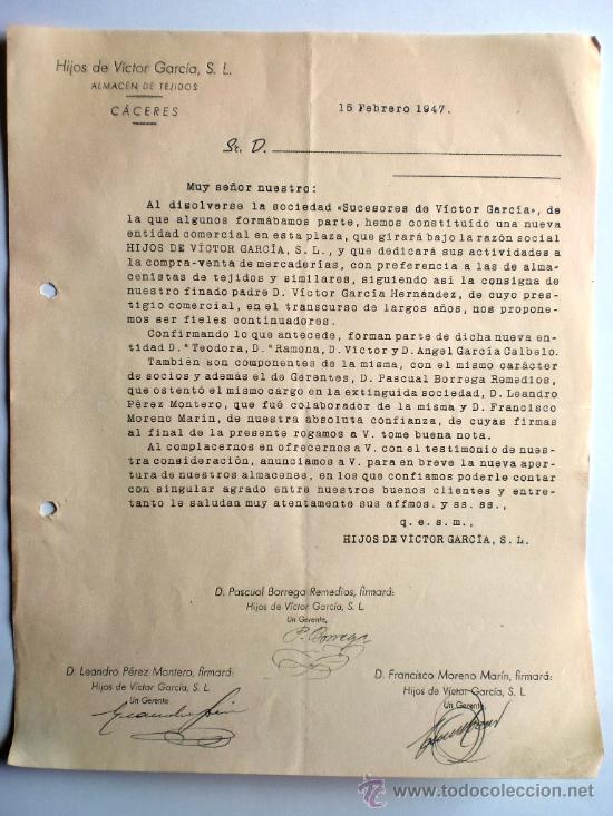 Gesch&auml;ftsbriefe: CIRCULAR. CACERES. FEBRERO 1947. HIJOS DE VICTOR GARCIA, S.L. ALMACEN DE TEJIDOS.