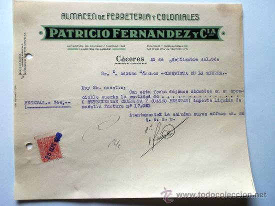 Gesch&auml;ftsbriefe: CARTA COMERCIAL. CACERES. SEPTIEMBRE 1946. PATRICIO FERNANDEZ Y CIA. FERRETERIA Y COLONIALES.
