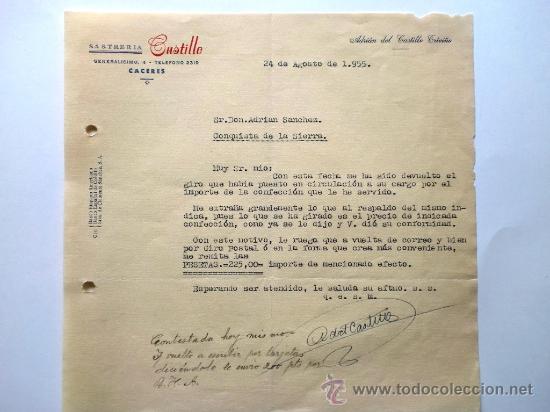 Gesch&auml;ftsbriefe: CARTA COMERCIAL. CACERES. AGOSTO 1955. ADRIAN DEL CASTILLO TRIVI&Ntilde;O. SASTRERIA CASTILLO.