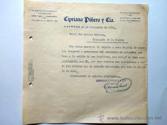 Gesch&auml;ftsbriefe: CARTA COMERCIAL. CACERES. NOVIEMBRE 1958. CIPRIANO PI&Ntilde;ERO Y CIA. CALZADOS.
