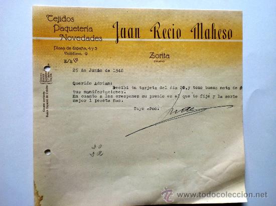 Gesch&auml;ftsbriefe: CARTA COMERCIAL. ZORITA. CACERES. JUNIO 1948. JUAN RECIO MAHESO. TEJIDOS, PAQUETERIA, NOVEDADES.