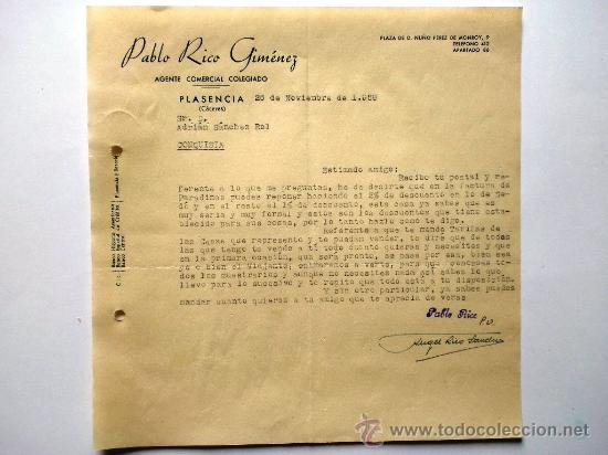Gesch&auml;ftsbriefe: CARTA COMERCIAL. PLASENCIA. CACERES. NOVIEMBRE 1958. PABLO RICO JIMENEZ. AGENTE COMERCIAL COLEGIADO.