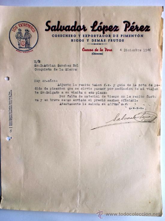 Gesch&auml;ftsbriefe: CARTA COMERCIAL. CUACOS DE LA VERA. CACERES. DCBRE.1946. SALVADOR LOPEZ PEREZ. COSECHERO EXPORTADOR.