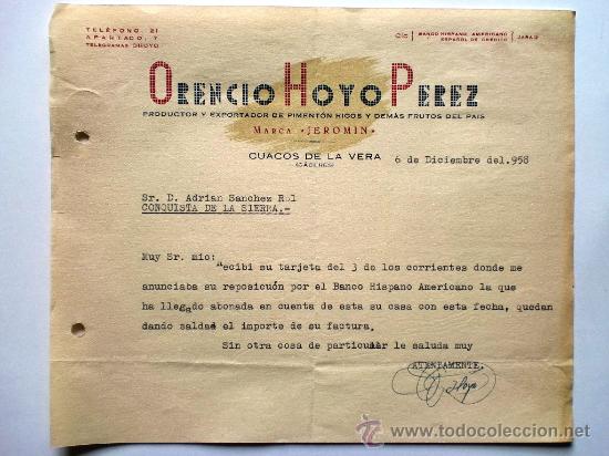 Gesch&auml;ftsbriefe: CARTA COMERCIAL. CUACOS DE LA VERA. CACERES. DCBRE.1958. ORENCIO HOYO PEREZ. PRODUCTORY EXPORTADOR.
