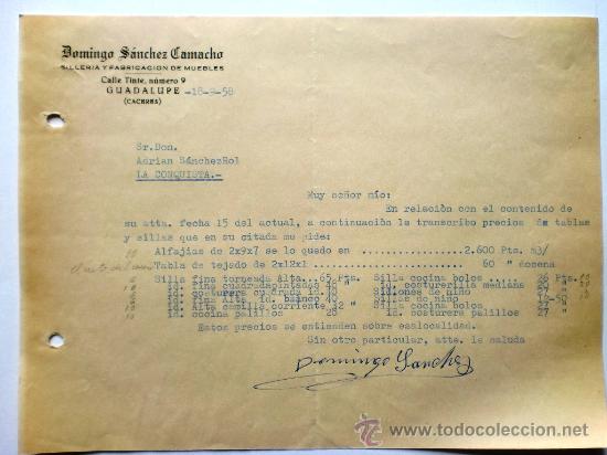 Gesch&auml;ftsbriefe: CARTA COMERCIAL. GUADALUPE. CACERES. OCTUBRE.1958. DOMINGO SANCHEZ CAMACHO. FABRICACION DE MUEBLES.