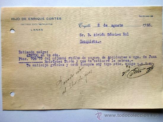 Gesch&auml;ftsbriefe: CARTA COMERCIAL. GUADALUPE. CACERES. AGOSTO 1946. HIJO DE ENRIQUE CORTES. LANAS.