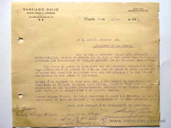 Gesch&auml;ftsbriefe: CARTA COMERCIAL. TRUJILLO. CACERES. SEPTIEMBRE 1942. SANTIAGO GUIJO. AGENTE COMERCIAL COLEGIADO.