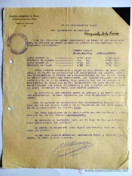Gesch&auml;ftsbriefe: CARTA COMERCIAL. TRUJILLO. CACERES. DICIEMBRE 1942. COMPA&Ntilde;IA ARRENDATARIA DE TABACOS.