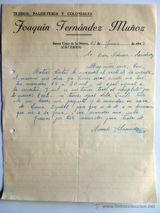 Gesch&auml;ftsbriefe: CARTA COMERCIAL. SANTA CRUZ DE LA SIERRA. CACERES. JUNIO 1947. JOAQUIN FERNANDEZ MU&Ntilde;OZ. TEJIDOS.