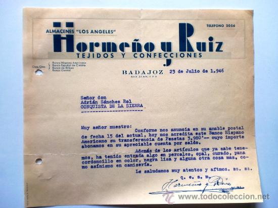 Gesch&auml;ftsbriefe: CARTA COMERCIAL. BADAJOZ. JULIO 1946. HORME&Ntilde;O Y RUIZ. ALMACENES LOS ANGELES. TEJIDOS Y CONFECCIONES.