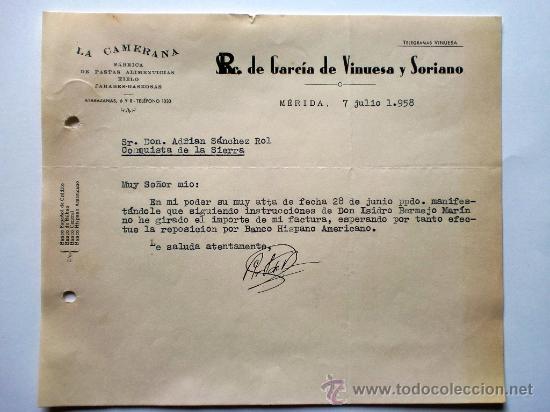 Gesch&auml;ftsbriefe: CARTA COMERCIAL. MERIDA. BADAJOZ. JULIO 1958. R. DE GARCIA DE VINUESA Y SORIANO. LA CAMARERA.
