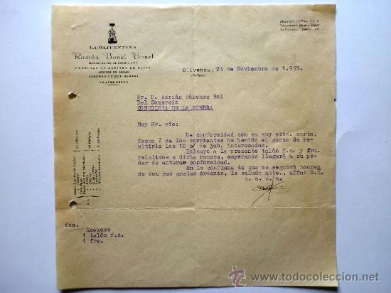 Gesch&auml;ftsbriefe: CARTA COMERCIAL. OLIVENZA. BADAJOZ. NVBRE.1955. RAMON BONEL BONEL. LA OLIVENTINA. FABRICA DE ACEITE.