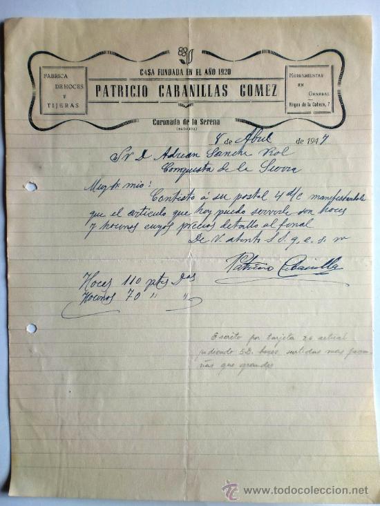 Gesch&auml;ftsbriefe: CARTA COMERCIAL. CORONADA DE LA SERENA. BADAJOZ. ABRIL 1947. PATRICIO CABANILLAS GOMEZ. HERRAMIENTAS