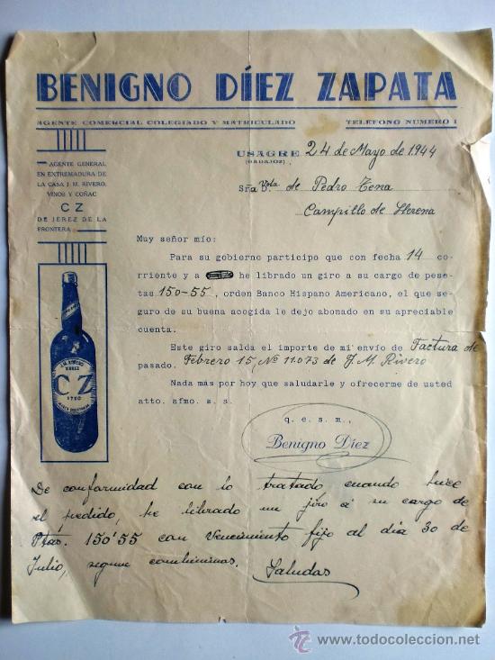 Gesch&auml;ftsbriefe: CARTA COMERCIAL. USAGRE. BADAJOZ. MAYO 1944. BENIGNO DIEZ ZAPATA. AGENTE COMERCIAL COLEGIADO.