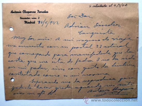Gesch&auml;ftsbriefe: CARTA COMERCIAL. MADRID. JUNIO 1942. ANTONIO CHAPARRO PAREDES.