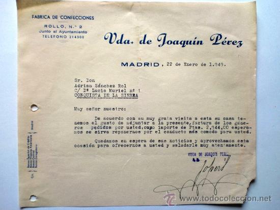 Gesch&auml;ftsbriefe: CARTA COMERCIAL. MADRID. ENERO 1949. VDA. DE JOAQUIN PEREZ, FABRICA DE CONFECCIONES.